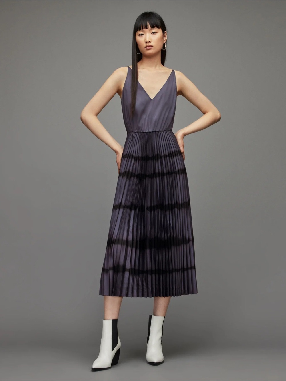 ALLSAINTS Curtis 2 in 1 Tie Dye Midi Dress Womens L Pleated